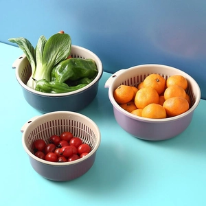 3-piece double-layer drain basket set for washing vegetables and fruits in kitchen