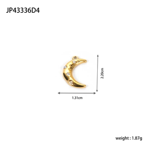Technical view of a gold crescent moon pendant with crystals including size and weight specs