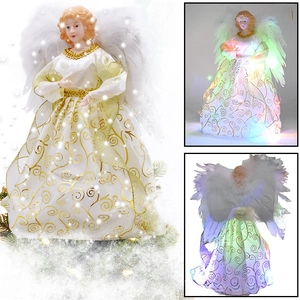 Detail of Christmas angel tree topper with gold spiral patterns and LED lights