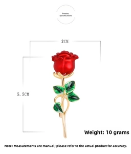 Detail showing dimensions of red enamel rose brooch with green leaves and gold stem