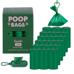 Detailed view of eco-friendly lavender scented pet poop bags with green dispenser