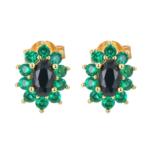 Colorful sunflower earrings with green cubic zirconia and black onyx in 18K gold finish