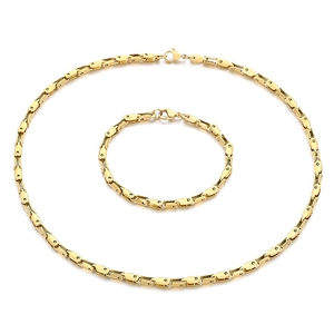 Minimalist gold titanium steel necklace and bracelet set on a clean white background