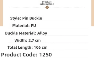 Detailed size chart for the women's belt featuring 2.7cm width and 106cm length