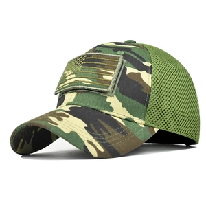 Jungle camouflage baseball cap with American flag velcro patch and breathable mesh back