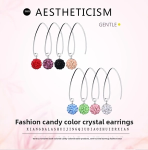 Detailed view of S925 silver hook earrings with colorful crystal pavé balls in 8 colors