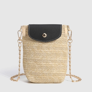 Straw Woven Mobile Phone Bag PU Leather Contrast Color Mini Crossbody Gold Chain Summer Beach For Women
