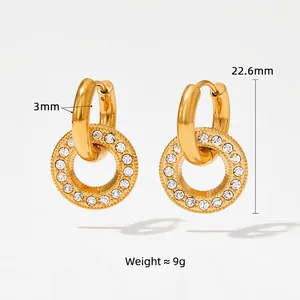Minimalist gold stainless steel drop earrings with cubic zirconia rings and measurements