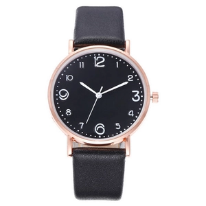Minimalist quartz wrist watch for women with black leather strap and rose gold case