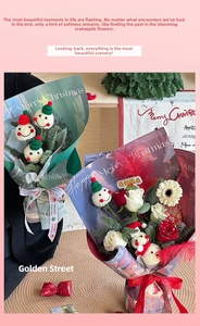 Christmas bouquet gift wrap set with knitted snowman, roses and festive ribbons