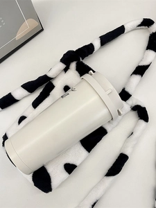 Cute cow pattern plush water bottle crossbody bag with soft faux fur texture