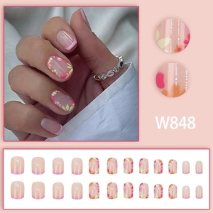 Pink floral press-on nails set with French tips and W848 flower design for women