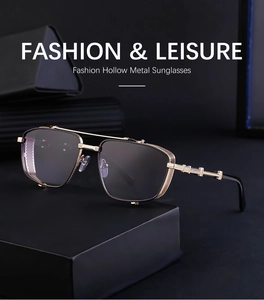 Steampunk sunglasses detail showing hollow metal side shields and dark grey square lenses