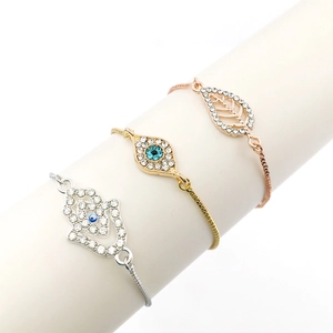 Adjustable crystal bracelets set featuring Hamsa hand, evil eye and leaf charms