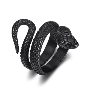 Black matte snake wrap ring with detailed scales and a triple spiral open design