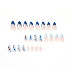 Unghie finte French a onde bianche e blu, forma a mandorla medio-lunga da donna