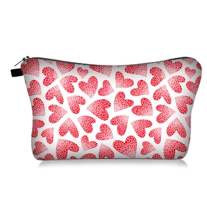 Digital heart print cosmetic bag with leopard texture and zipper closure in white