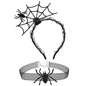 Detailed view of Halloween spider web headband and choker set with rose decoration
