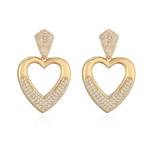 Golden heart drop earrings with hollow design and sparkling zircon stones for women