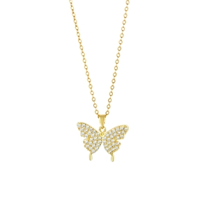 Elegant gold butterfly pendant necklace with white crystal pavé wings on thin chain