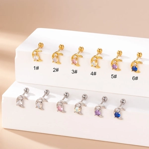 Moon Shape Cartilage Stud Piercing Jewelry Copper With Zircon And Stainless Steel Screw Back Fashion Earring For Women