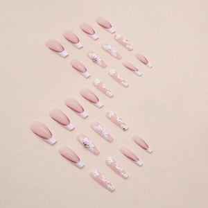 24pcs French glitter press-on nails with 3D flower designs and heart patterns