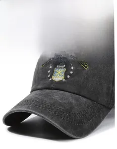Close-up of vintage washed canvas baseball cap featuring detailed eagle embroidery