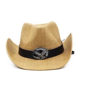 Classic straw western cowboy hat with decorative black band and eagle metal buckle