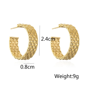 Close-up of gold woven mesh hoop earrings with dimensions 2.4cm height and 0.8cm width