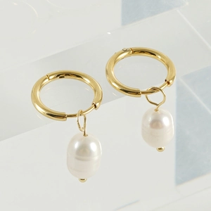 18K gold plated stainless steel hoop earrings with elegant natural freshwater pearls