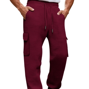 Men's burgundy waffle knit cargo sweatpants with elastic drawstring waist and pockets