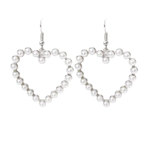 Elegant hollow heart earrings with white pearls and silver metal hooks for women