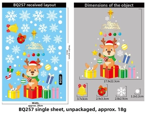 Size guide for Christmas window stickers showing reindeer and snowflake decal dimensions