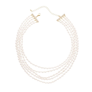 Five-layer layered imitation pearl necklace with gold-tone hardware and crystal accents