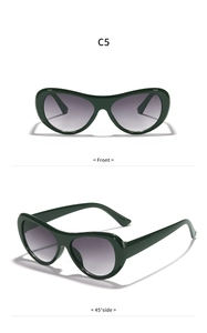 Detailed front and 45-degree side views of dark green cat-eye sunglasses with purple gradient lenses