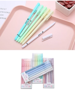 Close-up of Morandi color gel pen set in pastel tones and transparent box packaging