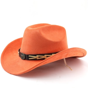 Detail of orange suede cowboy hat featuring black leather band and metal bull head emblem
