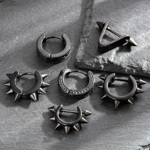 Black Punk Spike Hoop Earrings Titanium Steel Geometric Gothic Rock Streetwear Jewelry For Men Women