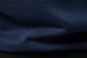 Macro shot of navy textured fabric with black ribbed cuff detail on men's jacket