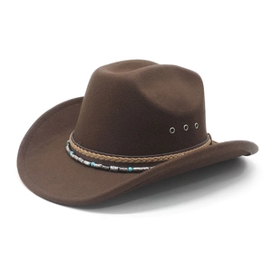 Detail of dark brown felt cowboy hat with braided turquoise bead band and metal eyelets