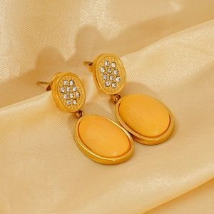 Elegant 18K gold-plated double oval drop earrings with white crystals and amber resin stones