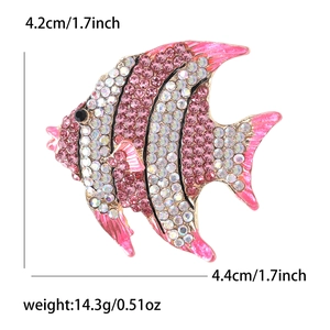Detailed view of rhinestone fish brooch showing dimensions 4.2cm height and 4.4cm width
