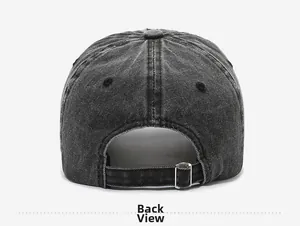 Detail view of the adjustable silver metal buckle on a dark grey washed denim baseball cap
