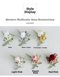 Detailed grid of artificial rose boutonnieres in six colors for weddings and galas