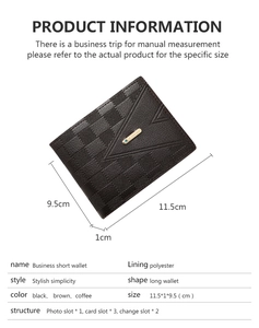 Detailed size measurement showing 11.5x9.5x1cm dimensions of the men's brown bifold wallet