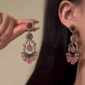 Vintage floral jewelry set with pink and green resin stones and antique bronze finish