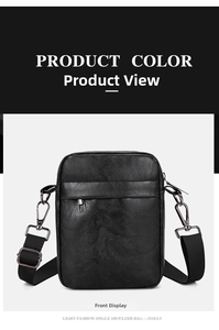 Front view of black PU leather crossbody bag featuring textured finish and metal zippers
