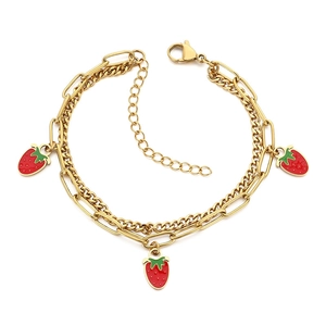 Double-layer gold strawberry charm bracelet with paperclip and curb chains for women