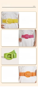 Detail of colorful woven straw elastic belts in pink, green, yellow and orange colors