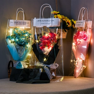 Gypsophila Dried Flower Bouquet With Soap Rose LED Lights Transparent Handbag For Valentine Mother Birthday